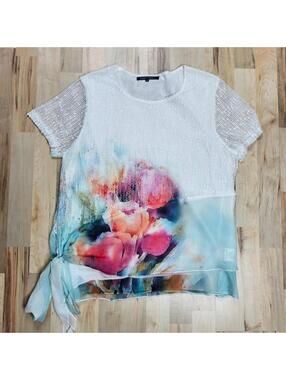Compliments White Textured Art Print Top | Sheer Layered | Size XL